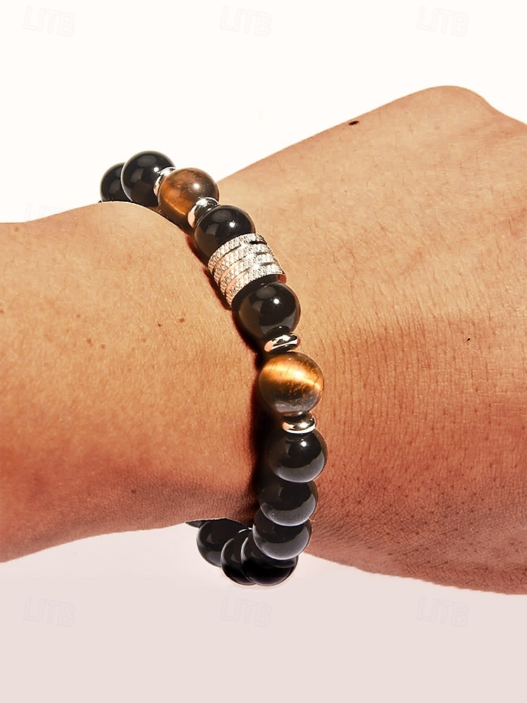 bracciale da uomo con perline in pietra naturale e acciaio inossidabile - occhio di tigre e onice nero - accessorio elegante e resistente del 2025 a $11.99 –P1