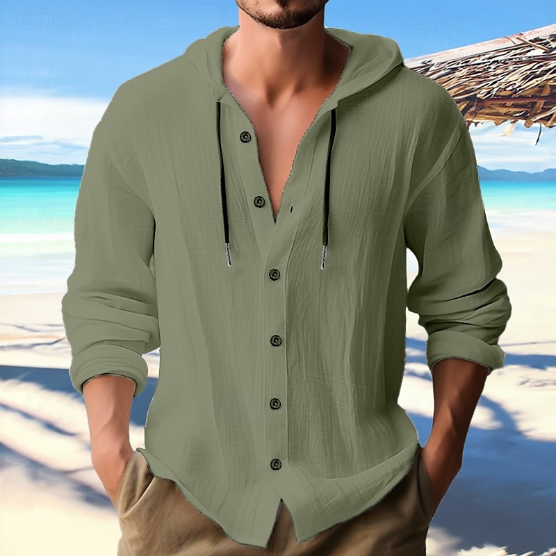 Men's Shirt Linen Shirt Calico Shirt Beach Wear Button Up Shirt Hooded Shirt Plain Casual Daily Black White Blue Green Long Sleeve Hooded Spring & Summer Clothing Apparel Buttons 2025 - $31.99 –P10