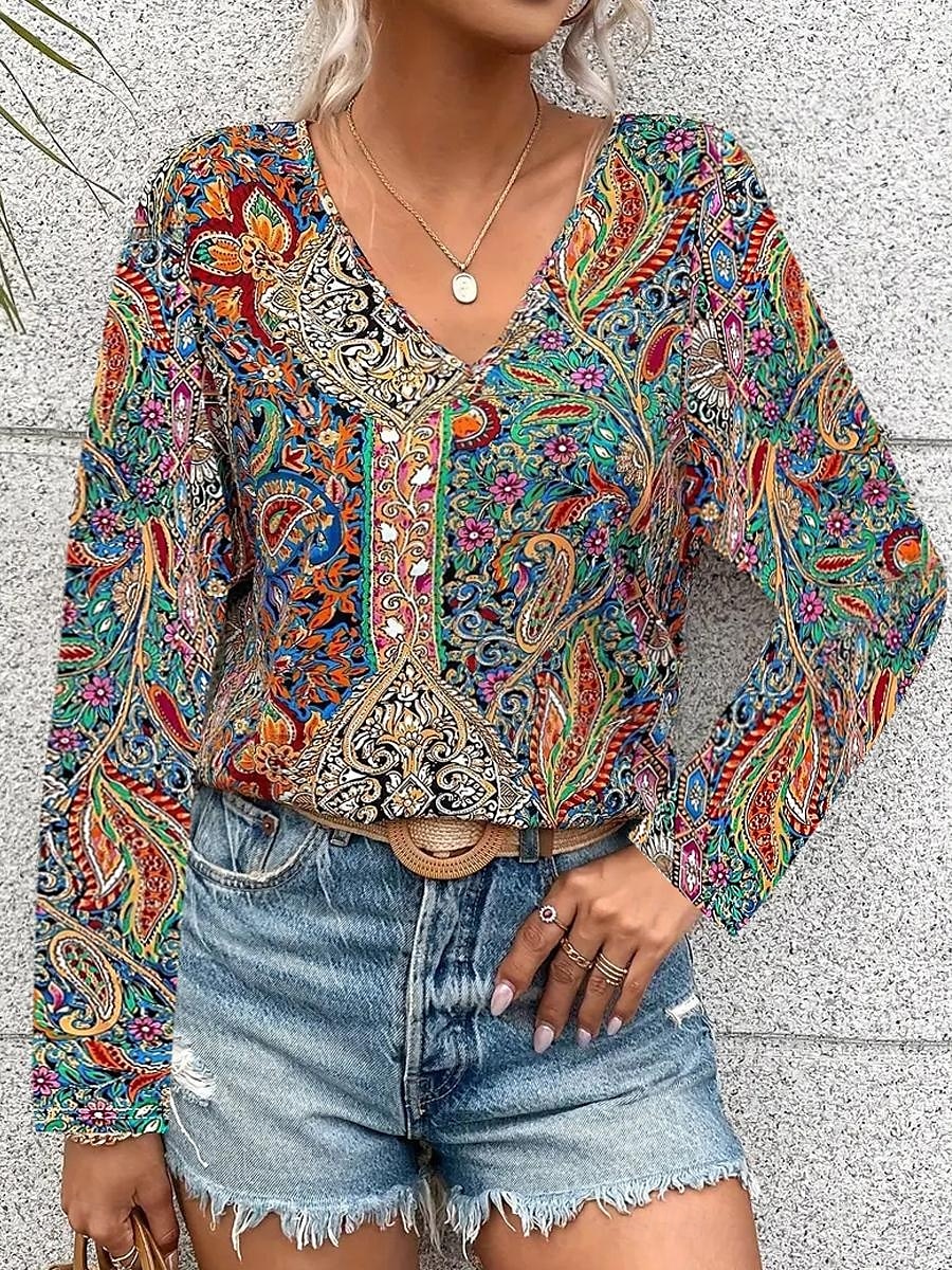 Women's Tunic Fashion Casual Print Long Sleeve Regular Tops V Neck Daily Red Blue Green Spring Fall 2025 - $29.99 –P1