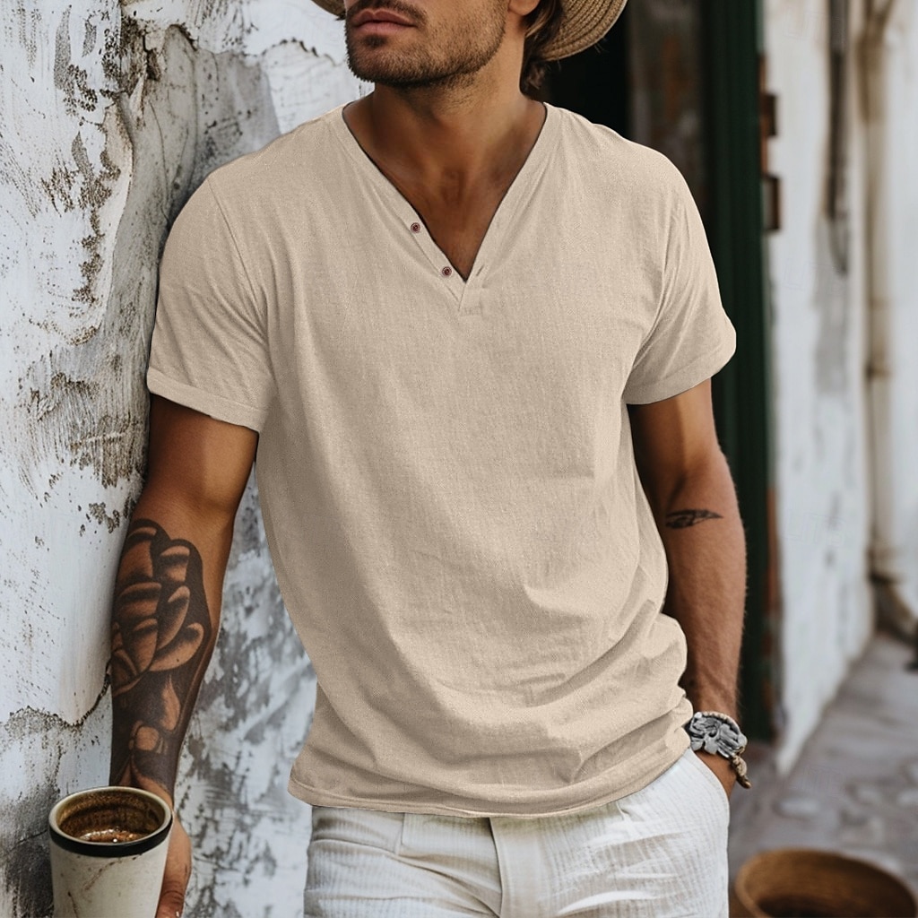رجالي قميص هينلي تي الأعلى كم قصير سهل موضة مصمم أساسي V-neck V رقبة عطلة شارع مناسب للخارج الصيف أزرق فاتح أسود أبيض تي شيرت هنلي 2025 - $15.49 –P10
