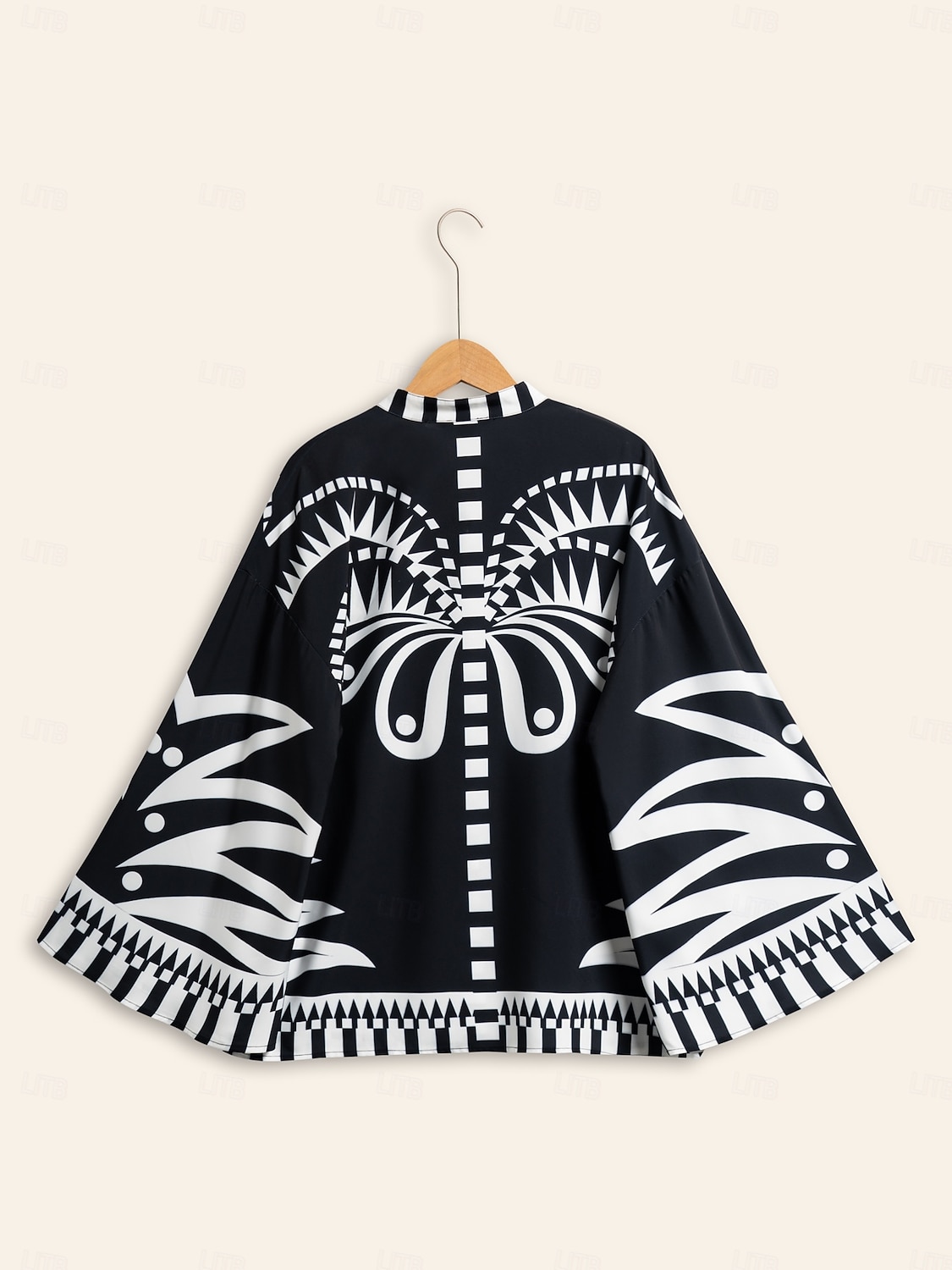 camicetta da donna nera collo alto raso stampa geometrica polsini svasati manica vacanza casual quotidiano primavera estate autunno del 2025 a $61.99 –P9