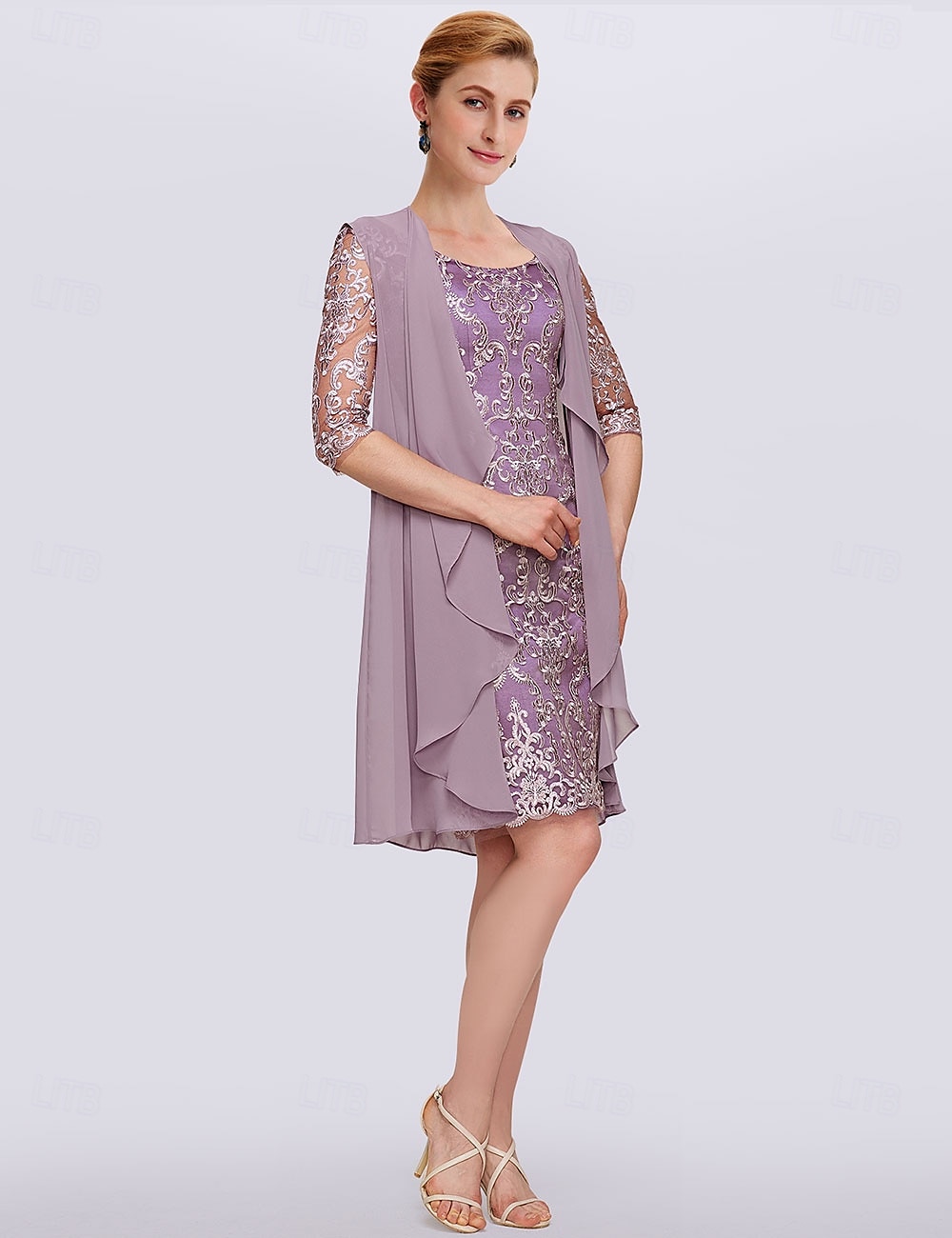Two Piece Sheath Mother of the Bride Dress Elegant Jewel Neck Knee Length Chiffon Lace Half Sleeve Wrap Included Jacket Dresses with Lace free custom size 2025 - $168.99 –P4