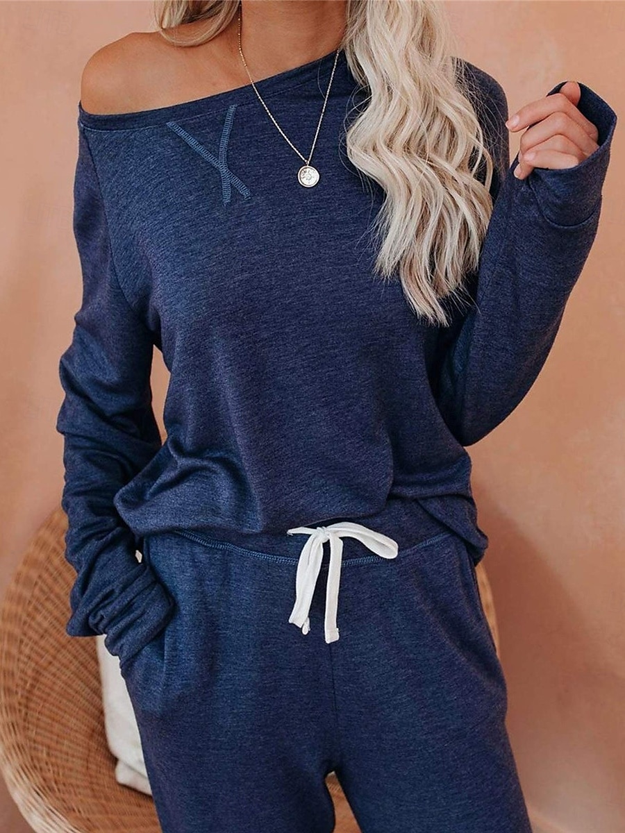 pyjamasset för kvinnor ren färg mode grundläggande komfort hem daglig säng andas rund hals långärmad byxficka resår midja höst vinter hem outfits 2025 - $36.99 –P5