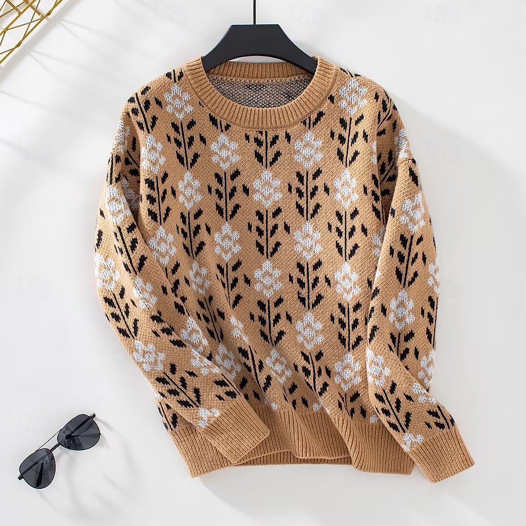 Dame Genser Fritid Blomstret Grafisk Crew-hals Crewneck Langermet Lange topper Strikke Arbeid Kakifarget Høst Vinter 2025 - $31.99 –P4