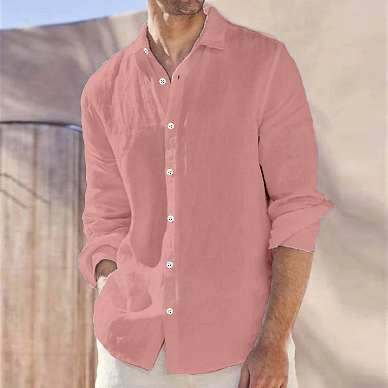 Men's Shirt Linen Shirt Summer Shirt Beach Wear Casual Shirt Button Up Shirt Plain Vacation Curise White Pink Blue Gray Long Sleeve Lapel Spring & Summer Clothing Apparel 2025 - $22.99 –P6