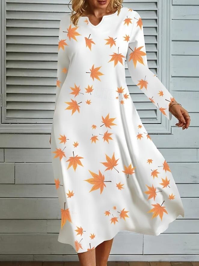 abito lungo da donna con stampa a foglie e scollo a V, manica lunga, primavera autunno del 2025 a $41.99 –P2