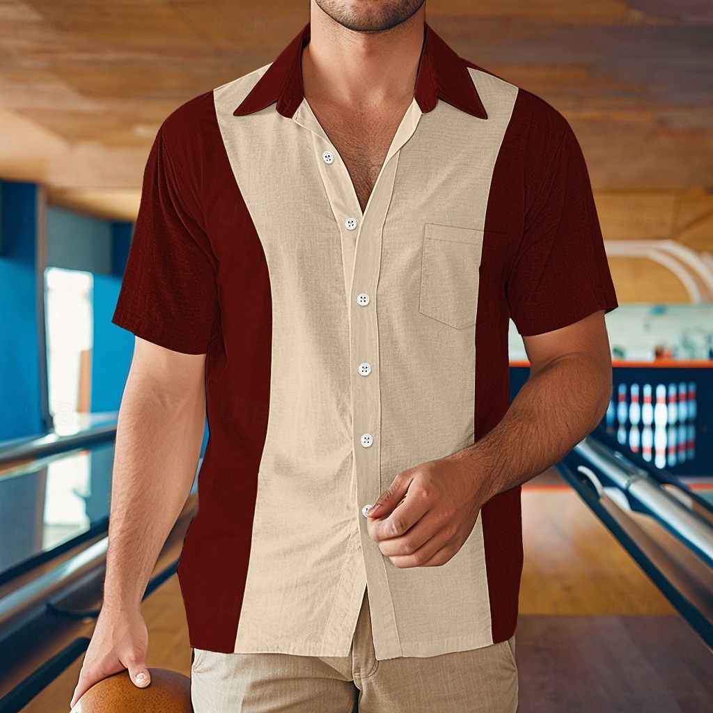 Men's Shirt Summer Shirt Beach Wear Casual Shirt Bowling Shirt Button Up Shirt Black Wine Blue Green Gray Short Sleeve Color Block Lapel Vacation Daily Front Pocket Clothing Apparel Cotton Fashion 2025 - $22.99 –P4