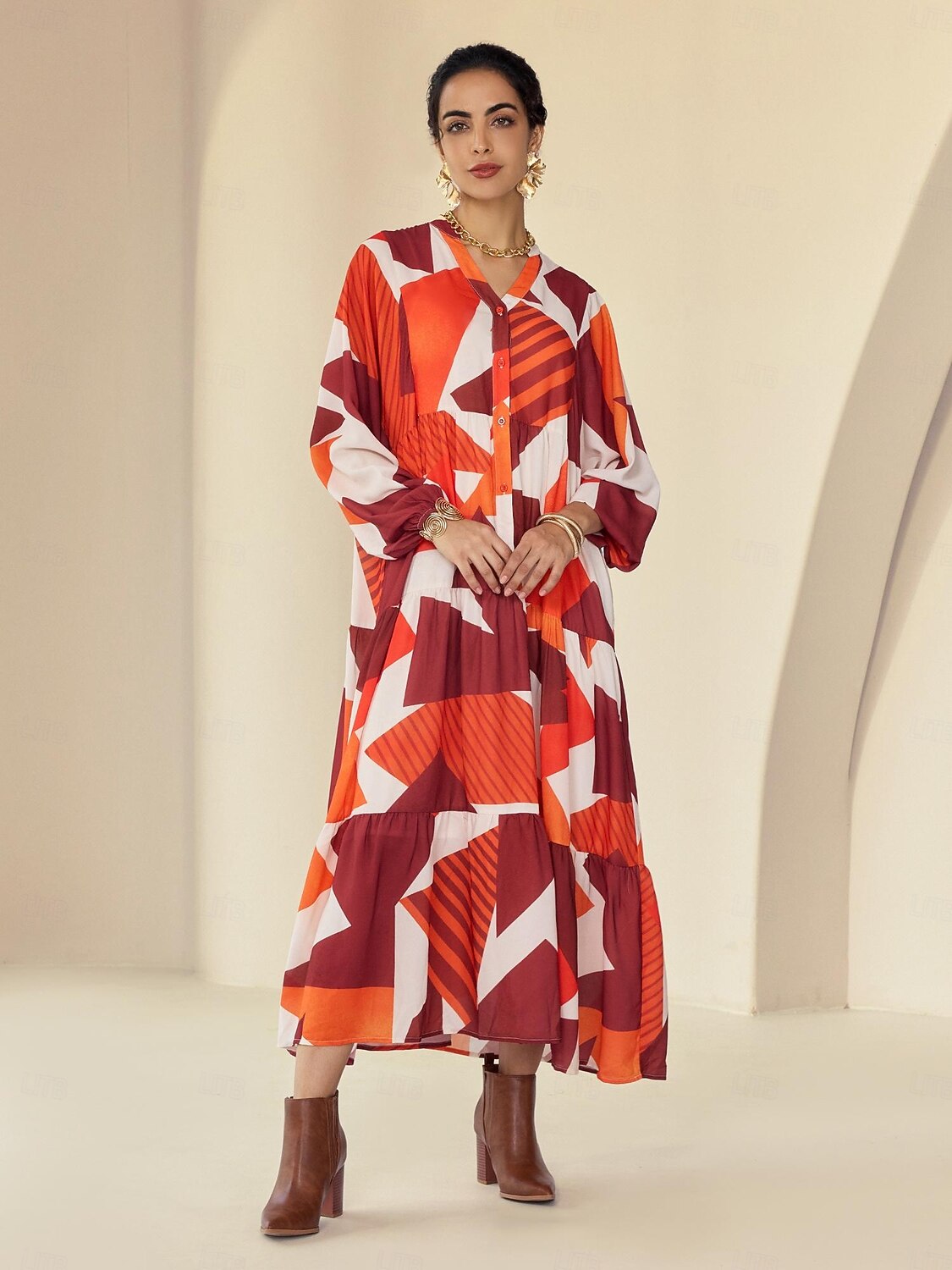 Robe longue décontractée à col en Y en mousseline de soie à motifs géométriques de 2026 ? $102.99 –P4