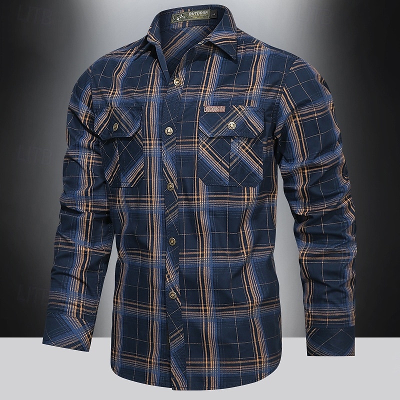 Herr Skjorta Arbetskläder skjortor Casual skjorta Arbetsskjortor Knapp upp skjorta Khaki grön Armégrön Mörkblå Långärmad Rutig Kavajslag Semester Helgdag Framficka Kläder Polyester Mode Ledigt Bekväm 2025 - $40.99 –P5