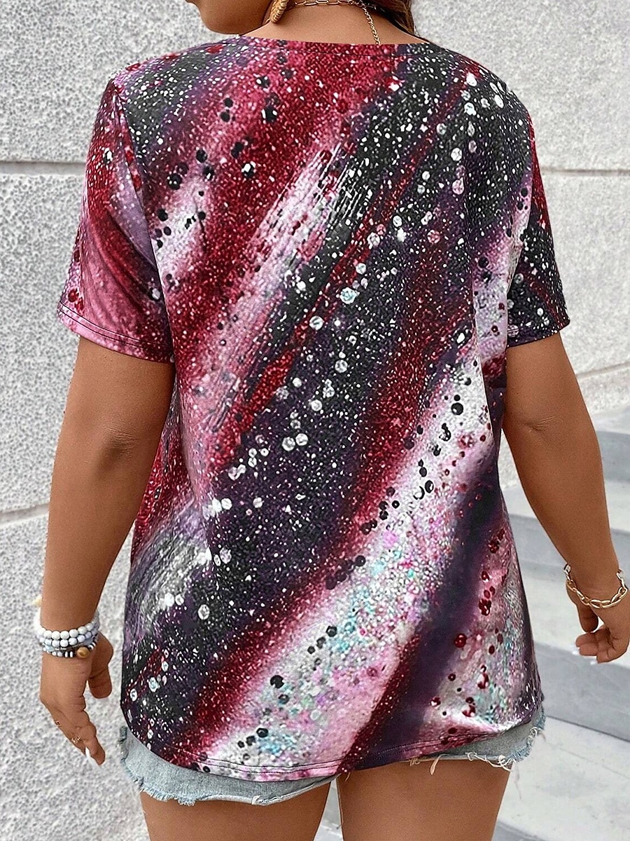 t-shirt femme décontracté imprimé manches courtes hauts réguliers col en V quotidien rouge bleu violet vert printemps automne de 2025 ? $19.99 –P2
