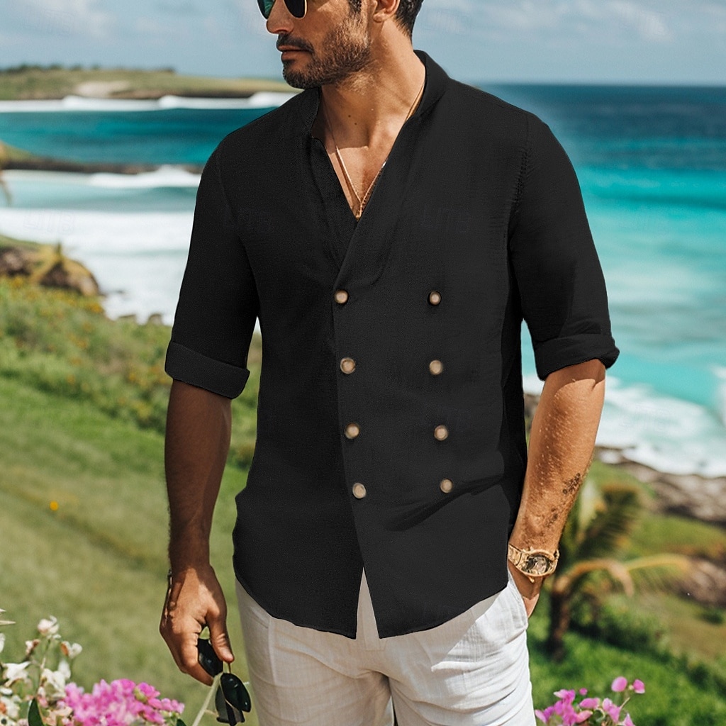 Herren Hemd leinenhemd Hemd mit Stehkragen Sommerhemd Strandbekleidung Knopfhemd Glatt Urlaub Curise Schwarz Weiß Blau Langarm Stehkragen Frühling Sommer Bekleidung Doppelreihiger Verschluss 2025 - $25.99 –P5