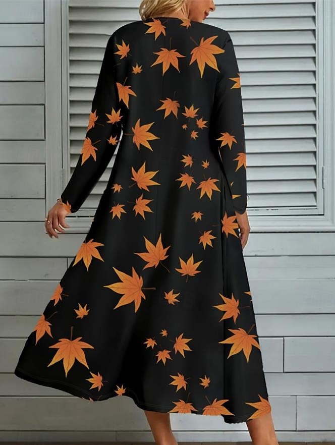 abito lungo da donna con stampa a foglie e scollo a V, manica lunga, primavera autunno del 2025 a $41.99 –P5