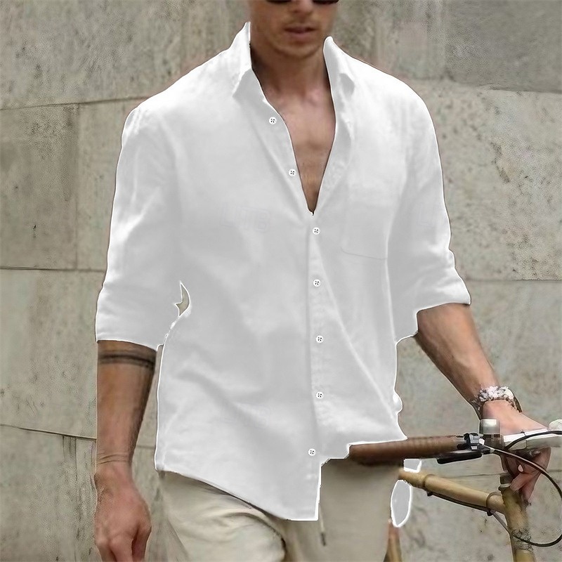 Men's Shirt Linen Shirt Summer Shirt Beach Wear Casual Shirt Button Up Shirt Plain Casual Daily White Brown Light Blue Long Sleeve Lapel Spring & Summer Clothing Apparel 2025 - $21.99 –P1