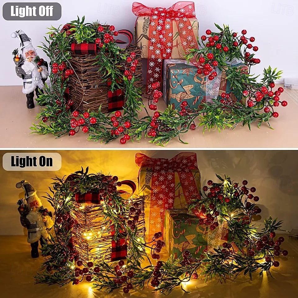Christmas LED Red Fruit Cane Garland Lights Simulation Pine Branch Fairy Leaf String Light 1.8m 20LED Battery Powered Xmas Wedding Party Holiday Garden Home Decoration 2025 - $20.99 –P5