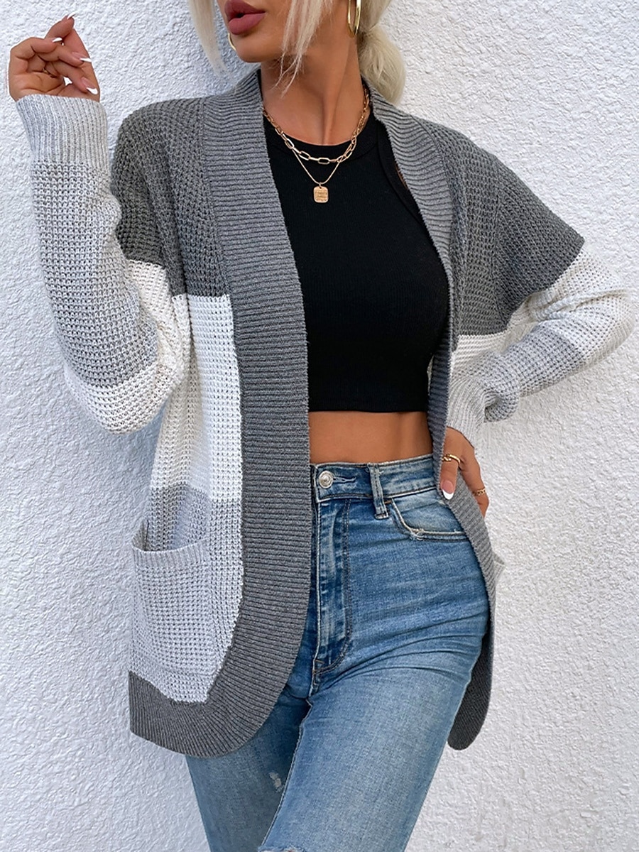 Femme Gilet Cardigan Pull décontracté Décontractées Flexible Bloc de couleur Col V Tricoté manche longue Hauts réguliers Tricoter Extérieur du quotidien Fin de semaine Bleu Marron Automne Hiver de 2025 ? $35.99 –P4