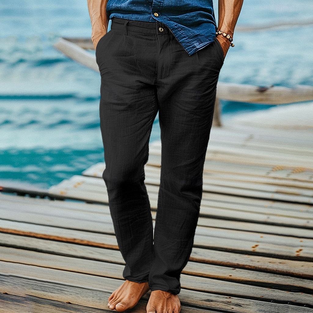 2025年 男性用 リネンパンツ ズボン スーツ サマーパンツ ビーチパンツ フロントポケット まっすぐな足 平織り 履き心地よい 高通気性 全長 フォーマル ビジネス 祝日 ファッション ベーシック ブラック ホワイト 伸縮性なし  コレクション – $27.99 –P9