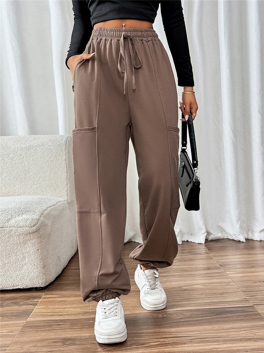 Women's Sweatpants Chinos Fashion Streetwear Full Length High Waist Plain Pocket Elastic Waistband Comfy Soft Comfortable Micro-elastic Outdoor Street Brown Fall Winter Regular Fit 2025 - $26.99 –P1