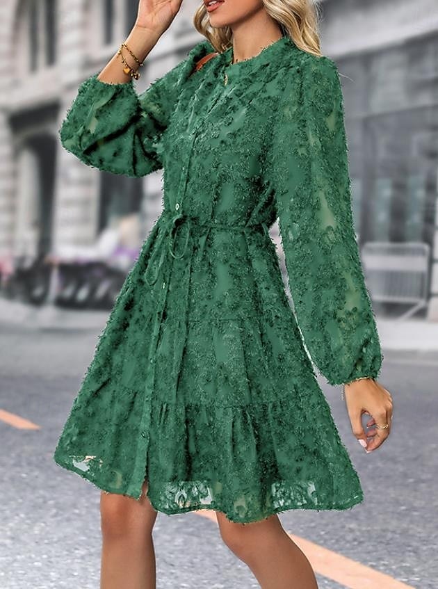 Per donna Abito semplice Vestito longuette Pizzo Pulsante Vintage Informale Colletto Manica lunga Nero Bianco Verde Colore del 2025 a $41.99 –P11