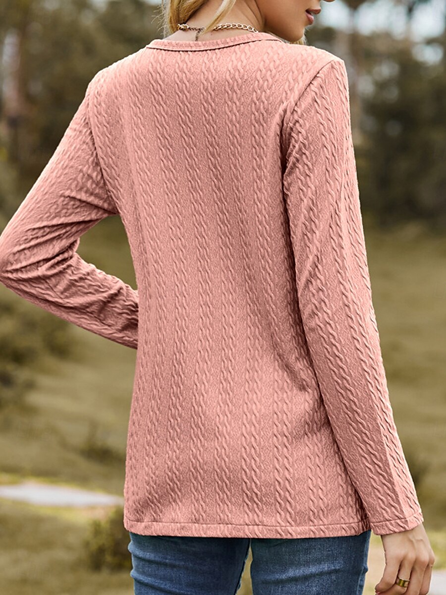 tops femininos para sair, estilosos, básicos, cor sólida, botões, assimétricos, manga comprida, tops regulares, gola redonda, diário, rosa empoeirado, primavera, outono, inverno de 2025 por R$203.75 –P4
