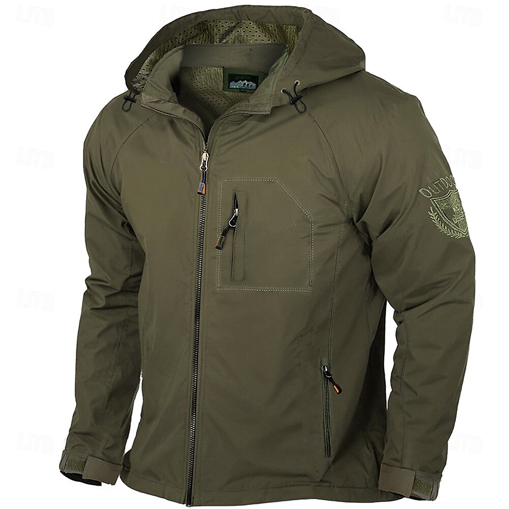 Voor heren Geborduurd Jas Regenjas Shell jas waterdicht Regenbestendig Lichtgewicht Casual Buitensporten Kamperen&Wandelen Geborduurd Zijzakken Rits voorzijde Herfst Winter Capuchon Lange mouw khaki 2025 - $44.99 –P1
