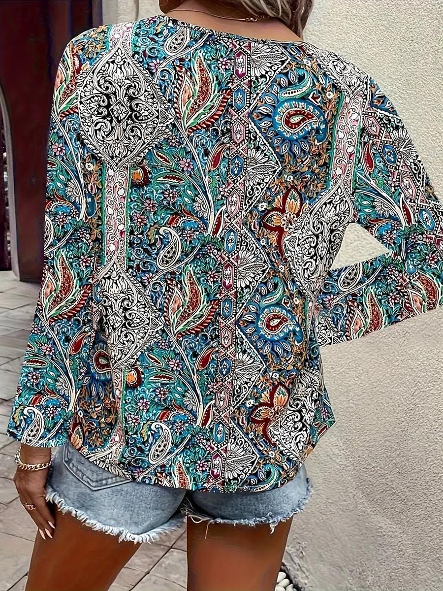 Women's Tunic Fashion Casual Print Long Sleeve Regular Tops V Neck Daily Red Blue Green Spring Fall 2025 - $29.99 –P6