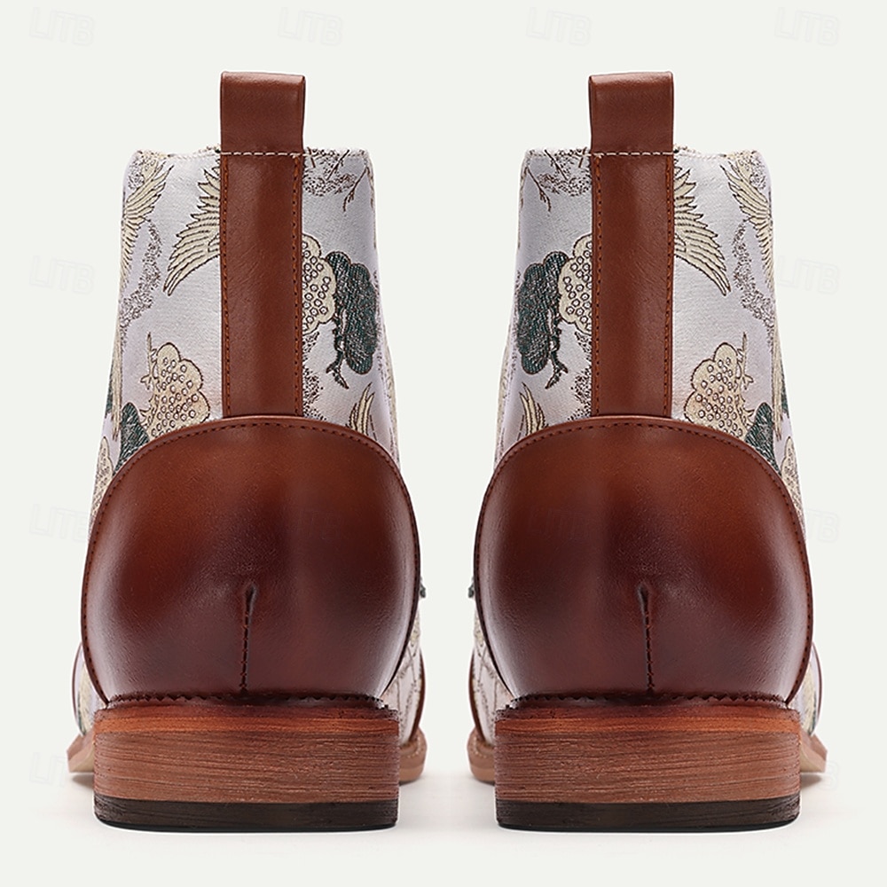 Botas con cordones y estampado de grullas vintage para hombre: botines de piel sintética y tejido jacquard con estilo retro para uso informal 2025 - $54.99 -P3