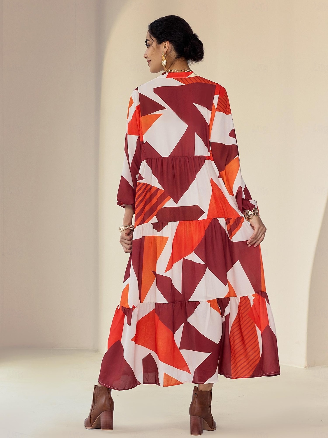 Robe longue décontractée à col en Y en mousseline de soie à motifs géométriques de 2026 ? $102.99 –P6