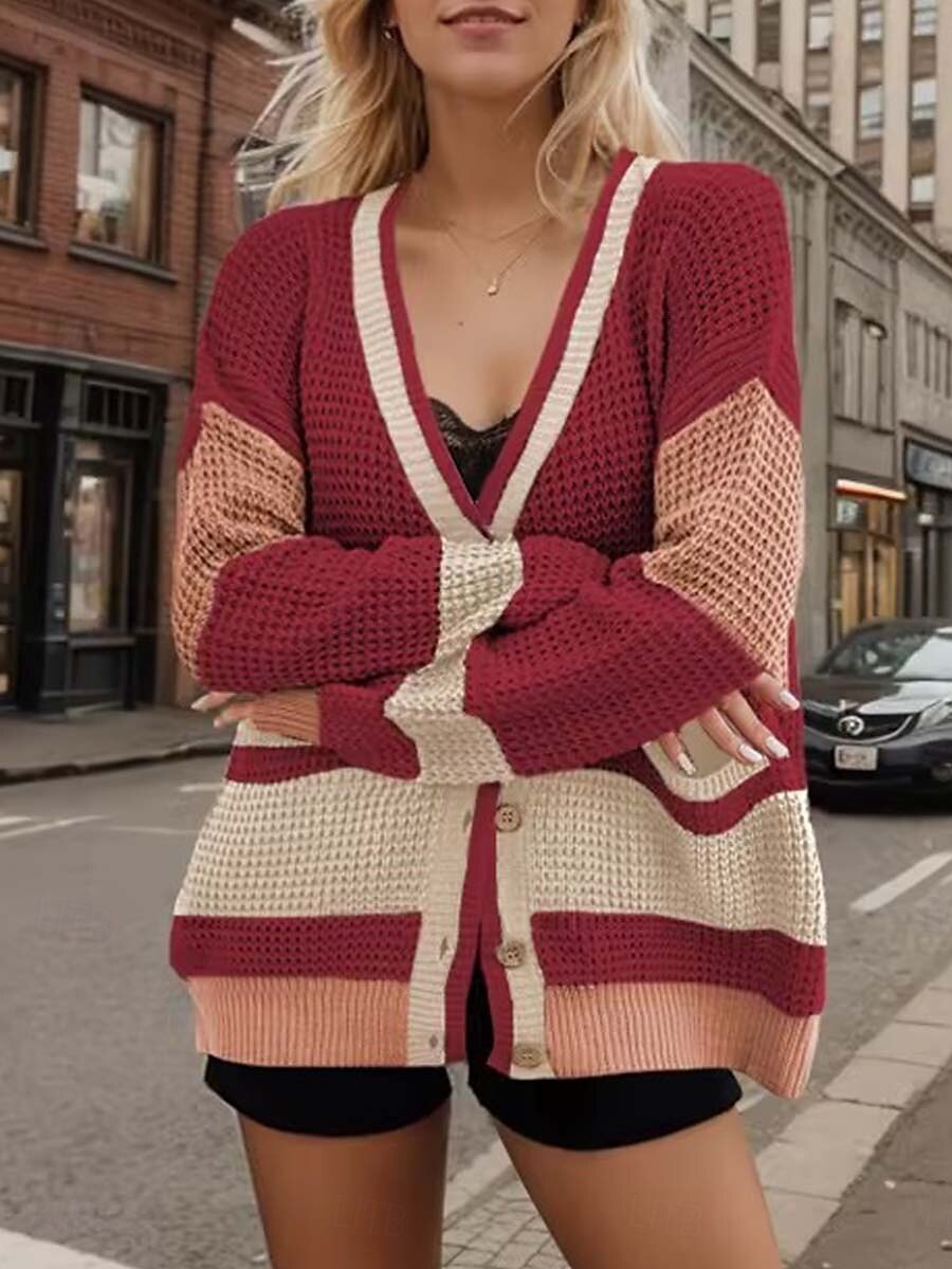 Dames Vest Stijlvol Effen Kleur Open voorzijde Zak Drop Shoulder Lange mouw Lange tops breien Dagelijks Uitgaan Rood Herfst Winter 2025 - $69.99 –P2