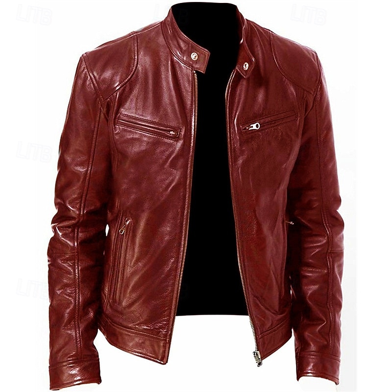 Herr Imitationsläderjacka Övergångsjacka Bikerjacka Röd skinnjacka Semester Dagligen Vindtät Håller värmen Ficka Höst vinter Slät Mode Klassisk Hög krage Normal Imitationsläder Silver Svart Vit Vin 2025 - $39.99 –P5