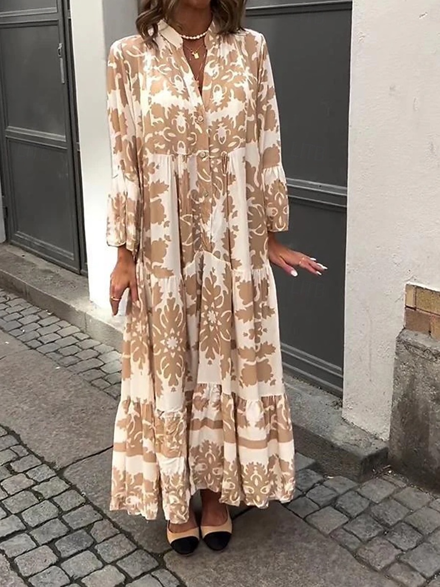 dámské šaty na směnu grafický potisk košile límeček maxi šaty elegantní stylové denní dovolená dlouhý rukáv léto jaro 2025 - $39.99 –P1