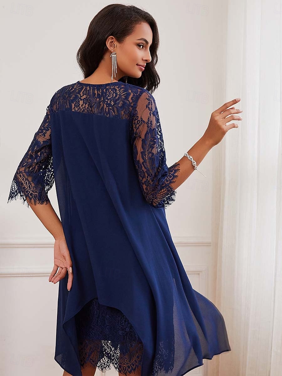 dames bruiloftsgastenjurk effen jurk midi-jurk kant chiffon patchwork casual ronde hals 3/4 mouw cocktailjurken formele jurken blauwe kleur 2025 - $59.99 –P5