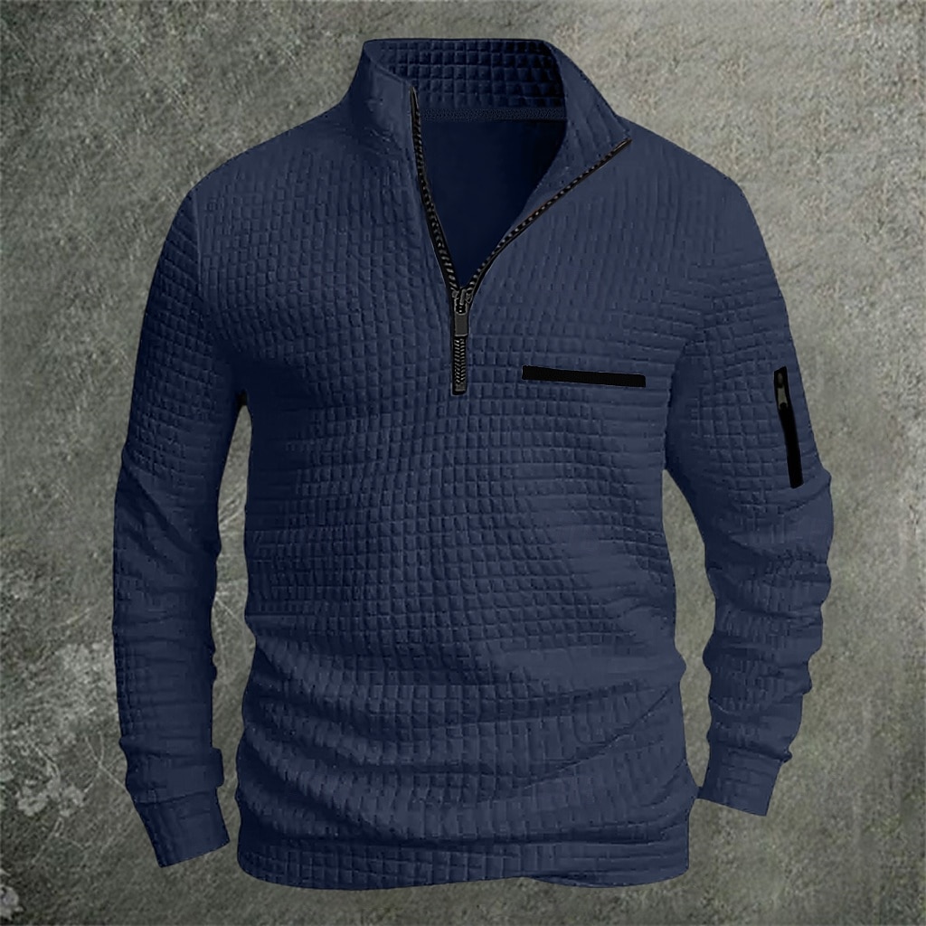 2025年 男性用 ワッフルポロシャツ Pullover スポーツ デイリーウェア クォータージップ 長袖 ファッション 快適 カラーブロック ポケット ジッパーを閉める 春 & 秋 レギュラー ブラック ホワイト ブルー オレンジ ワッフルポロシャツ コレクション – $22.99 –P5