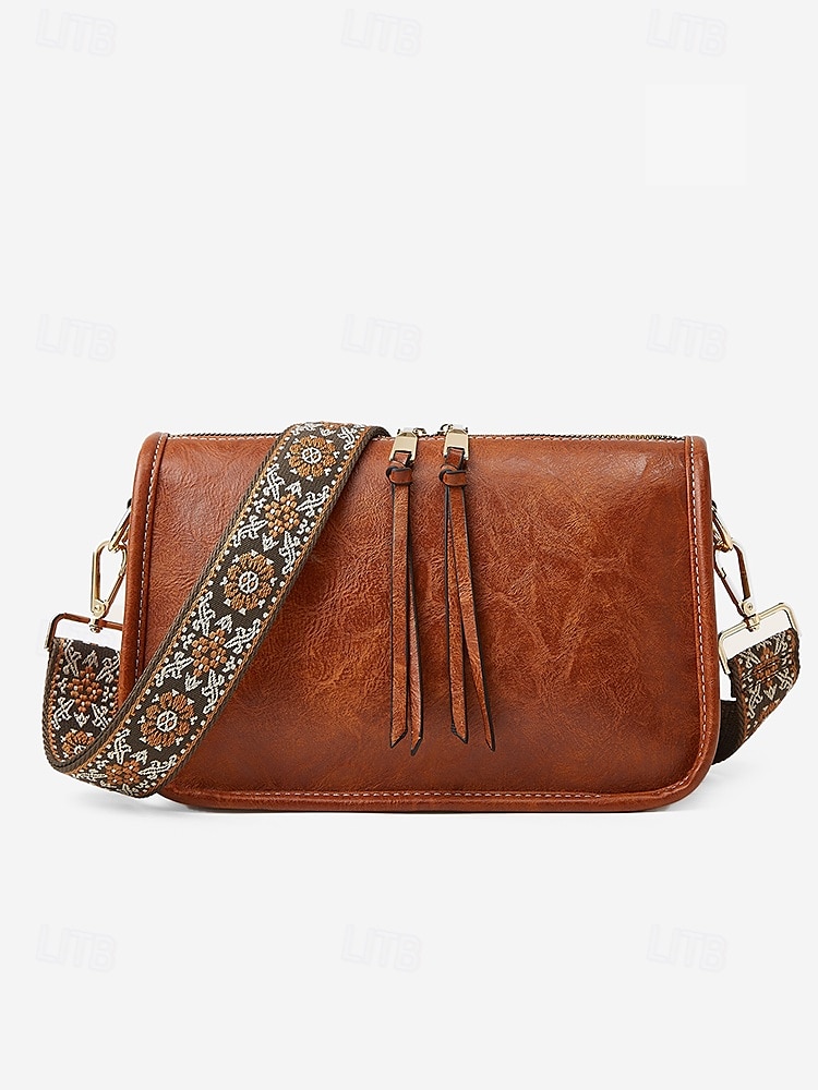 brun skulderveske i imitert skinn for kvinner med justerbar mønstret stropp - stilig crossbody-veske for casual og boho chic looks 2026 - $26.99 –P4
