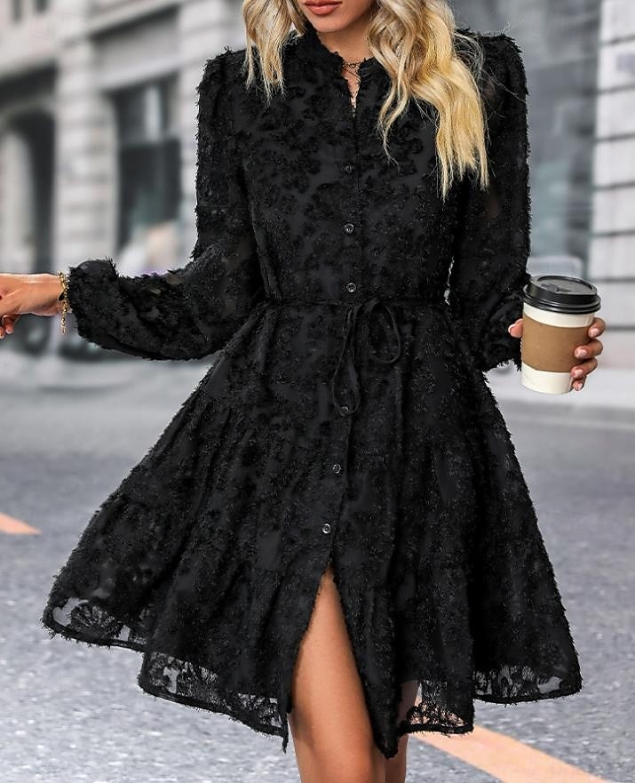 Per donna Abito semplice Vestito longuette Pizzo Pulsante Vintage Informale Colletto Manica lunga Nero Bianco Verde Colore del 2025 a $41.99 –P2