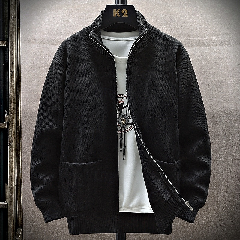 Men's Cropped Sweater Cardigan Sweater Zip Sweater Knit Sweater Ribbed Knit Regular Side Pockets Fleece Solid Color Stand Collar Fashion Classic Daily Wear Date Clothing Apparel Fall & Winter Black 2025 - $35.99 –P4