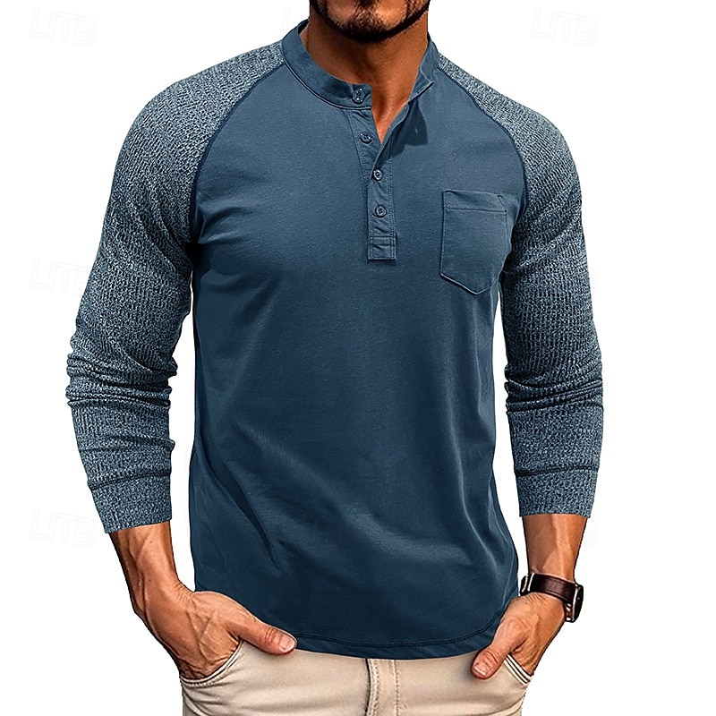 Herren T-Shirt mit Knöpfen T Shirt Henley Hemd T-Shirt Langarm Henley Frühling & Herbst Farbblock Mode Designer Basic Patchwork Urlaub Straße Ausgehen Königliches Blau Blau Armeegrün Top T-Shirt für 2025 - $32.99 –P10
