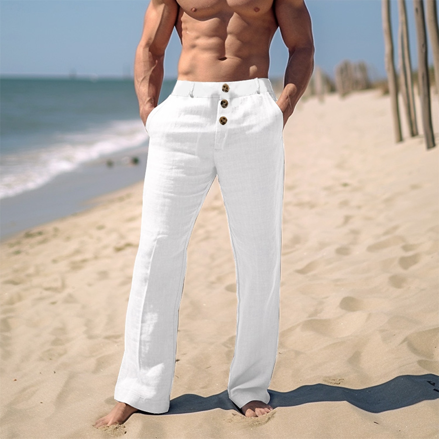 Męskie Lniane spodnie Spodnie Letnie spodnie Spodnie plażowe Przednia kieszeń Prosta noga Równina Komfort Oddychający Codzienny Święto Moda Podstawowy Czarny Biały 2026 - $29.99 –P14