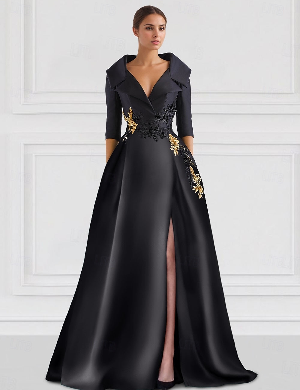 Black Green A-Line Vintage Embroidered Evening Gown Elegant Satin Dress Formal Floral Floor Length 3/4 Length Sleeve Shirt Collar Pocket with Appliques 2024 2024 - GBP £125 –P1