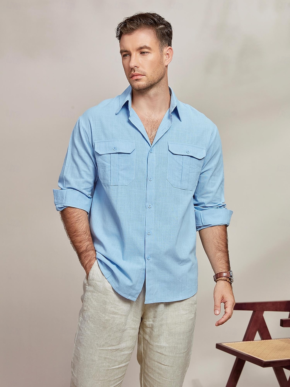 Herren Hemd Hemd aus Baumwollleinen Sommerhemd Strandbekleidung Lässiges Hemd Knopfhemd Glatt Casual Täglich Blau Langarm Kargen Frühling Sommer Bekleidung Tasche 2025 - $25.99 –P2
