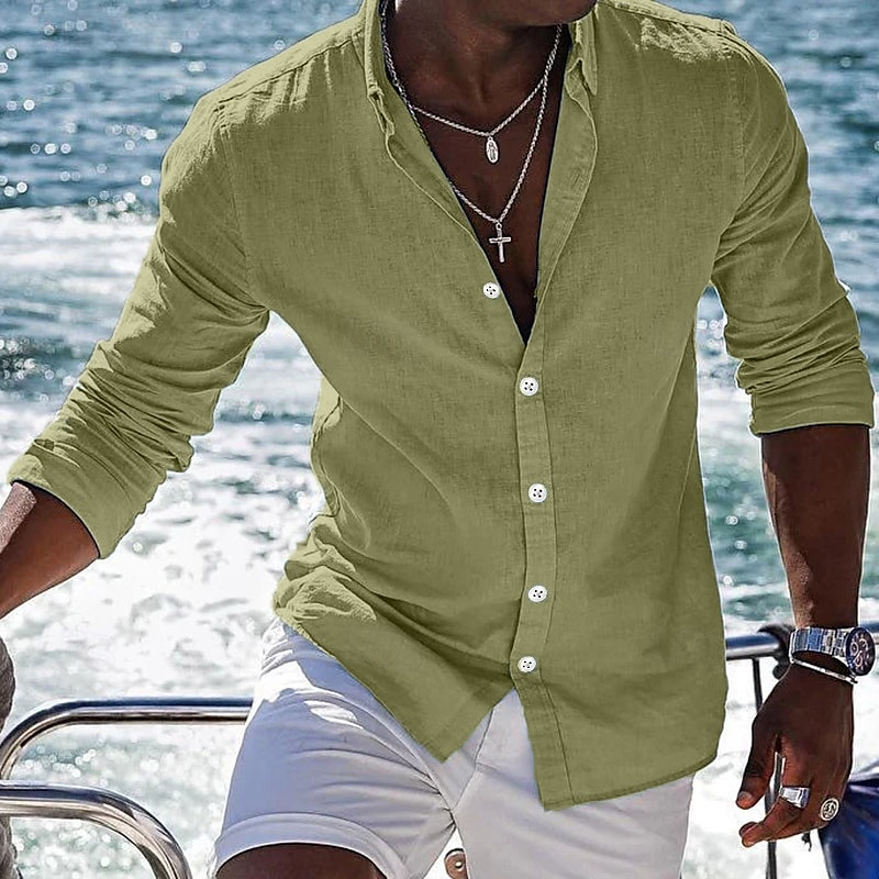 Men's Shirt Linen Shirt Summer Shirt Beach Shirt Plain Vacation Curise Black White Pink Blue Long Sleeve Lapel Spring & Summer Clothing Apparel Basic 2025 - $22.99 –P4