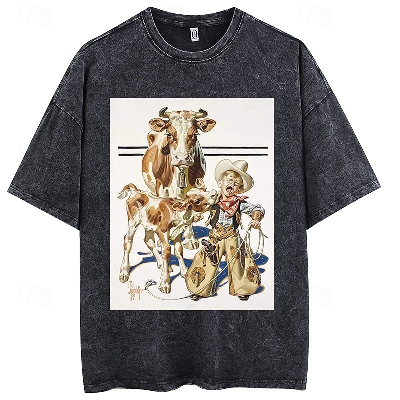 Vintage Illustration T-shirt Oversized Acid Washed Tee Print Graphic For Couple's Men's Women's Adults' Acid Wash Casual Daily 2025 - $22.99 –P4