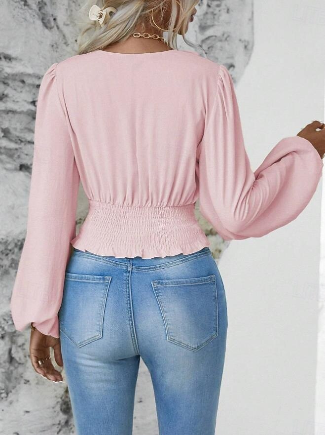 Dame Bluse Helfarge Stilfull Moderne Langermet Klokke V-hals Arbeid Daglig Rynket Svart Hvit Rosa Grønn Vår Høst Vinter 2025 - $29.99 –P2