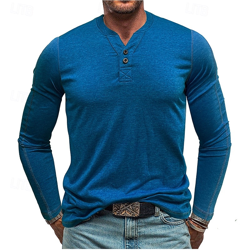 Herren T-Shirt mit Knöpfen T Shirt Henley Hemd T-Shirt Langarm Henley Frühling & Herbst Einfach Mode Designer Basic Urlaub Straße Ausgehen Meerblau Wein Blau Top T-Shirt für Herren 2025 - $26.99 –P7