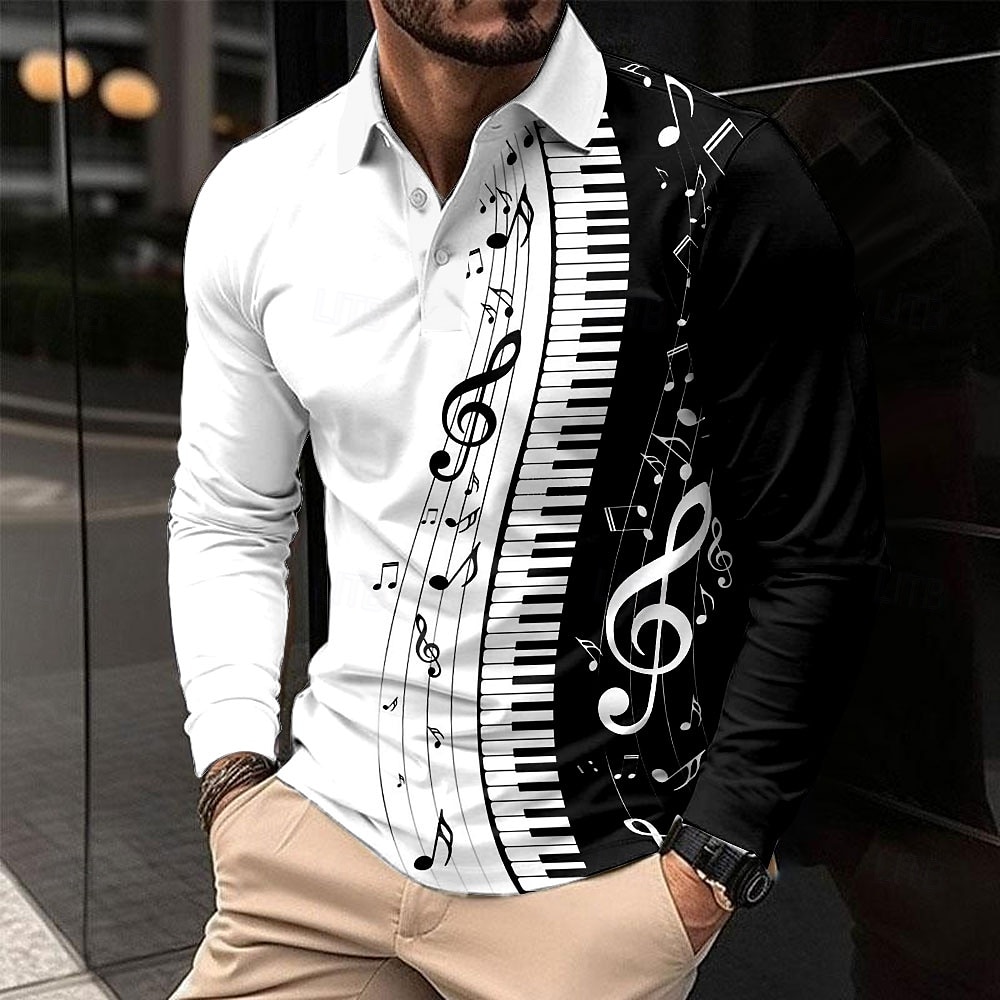 musikfestival Herr Musik Pikétröjor Golf pikétröjor Långärmad Polotröjor Krage Ledigt Semester Festkvällskläder Vardag Knappar 3D-utskrift Vår Höst Svartvit 2025 - $23.99 –P1