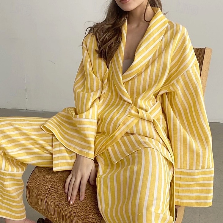 camicie stampate da donna&amp;abiti da notte - abiti da casa a righe in poliestere del 2025 a $43.99 –P6