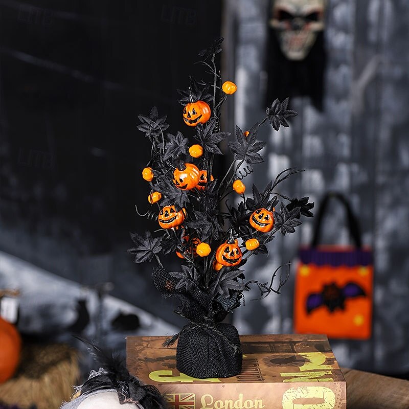 Kunstig potteplante med halloween-gresskar og lønneblader, skummel dekorasjon med svart gresskartre, skummel halloween-borddekorasjon til hjem, fest, innendørs bruk 2025 - $29.99 –P6