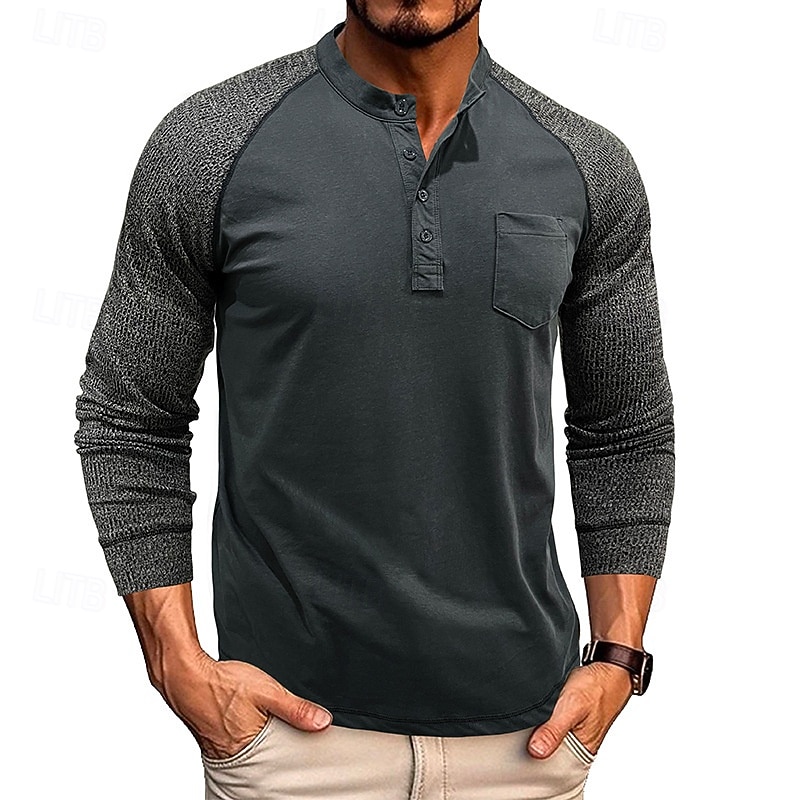 Herren T-Shirt mit Knöpfen T Shirt Henley Hemd T-Shirt Langarm Henley Frühling & Herbst Farbblock Mode Designer Basic Patchwork Urlaub Straße Ausgehen Königliches Blau Blau Armeegrün Top T-Shirt für 2025 - $32.99 –P7