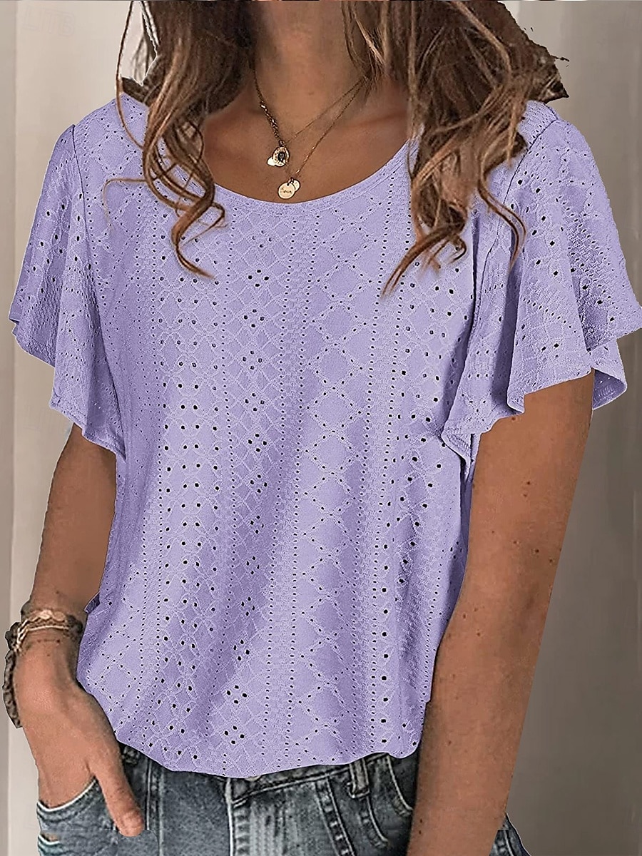 Tops en dentelle élégants pour femmes Blouse en œillets blanche stylée décontractée unie à manches courtes à col crew régulières quotidienne romantiques tailles petites à porter pendant les vacances de 2025 ? $25.99 –P3