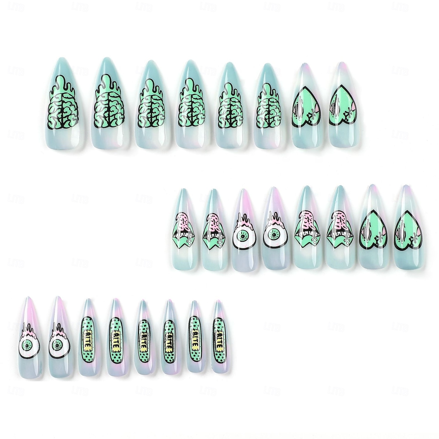 24pcs/set Long Starry Sky Gradient Green Heart, Eye, Mouth  Halloween  False Nail Tip Press on 2025 - $13.49 –P4