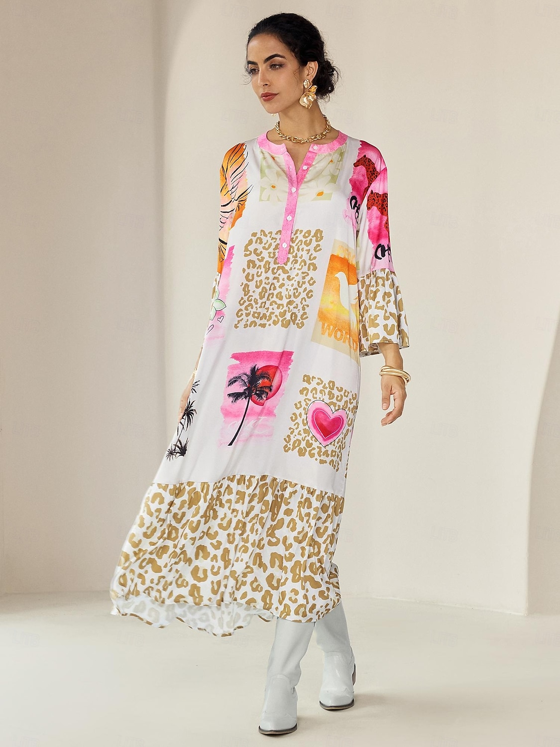 Robe longue décontractée à col ras du cou et à boutons en satin imprimé léopard de 2025 ? $68.99 –P3